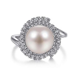  14K White Gold  Fashion 14K White Gold Cultured Pearl and Swirling Diamond Halo Ring GabrielCo Surrey Vancouver Canada Langley Burnaby Richmond