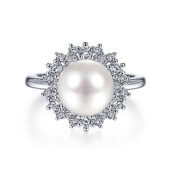  14K White Gold  Fashion 14K White Gold Round Pearl and Diamond Halo Ring GabrielCo Surrey Vancouver Canada Langley Burnaby Richmond