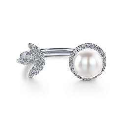  14K White Gold  Open ring Open 14K White Gold Cultured Pearl and Diamond Leaf Ring GabrielCo Surrey Vancouver Canada Langley Burnaby Richmond