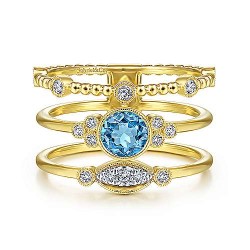  14K Yellow Gold  Easy stackable 14K Yellow Gold Three Row Beaded Round Blue Topaz Ring GabrielCo Surrey Vancouver Canada Langley Burnaby Richmond
