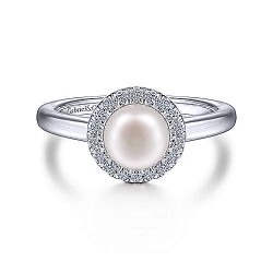  14K White Gold  Fashion 14K White Gold Pearl and Diamond Halo Ring GabrielCo Surrey Vancouver Canada Langley Burnaby Richmond