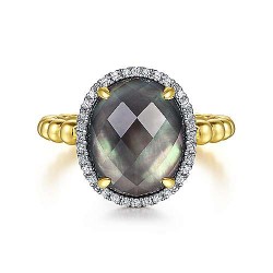  14K Yellow Gold  Fashion 14K Yellow Gold Oval Rock Crystal/Black Pearl and Diamond Halo Ring GabrielCo Surrey Vancouver Canada Langley Burnaby Richmond