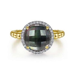  14K Yellow Gold  Fashion 14K Yellow Gold Round Rock Crystal/Black Pearl and Diamond Halo Ring GabrielCo Surrey Vancouver Canada Langley Burnaby Richmond