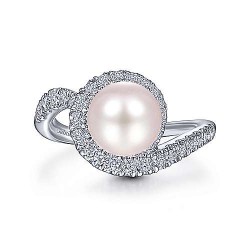  14K White Gold  Fashion 14K White Gold Pearl Ring with Curved Diamond Wrap Halo GabrielCo Surrey Vancouver Canada Langley Burnaby Richmond