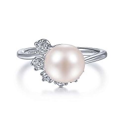  14K White Gold  Fashion 14K White Gold Pearl Ring with Diamond Accent GabrielCo Surrey Vancouver Canada Langley Burnaby Richmond