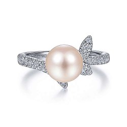  14K White Gold  Fashion 14K White Gold Pearl Ring with Diamond Leaves GabrielCo Surrey Vancouver Canada Langley Burnaby Richmond