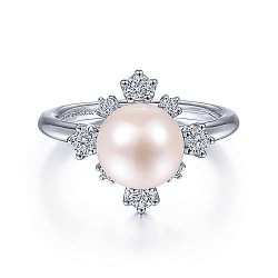  14K White Gold  Fashion 14K White Gold Pearl Ring with Bursting Diamond Halo GabrielCo Surrey Vancouver Canada Langley Burnaby Richmond