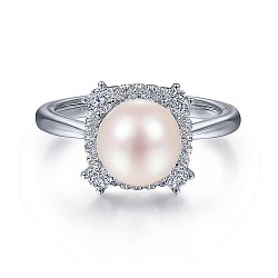  14K White Gold  Fashion 14K White Gold Pearl Ring with Diamond Halo GabrielCo Surrey Vancouver Canada Langley Burnaby Richmond
