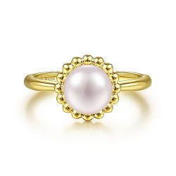  14K Yellow Gold  Fashion 14K Yellow Gold Pearl Ring with Bujukan Beaded Halo GabrielCo Surrey Vancouver Canada Langley Burnaby Richmond