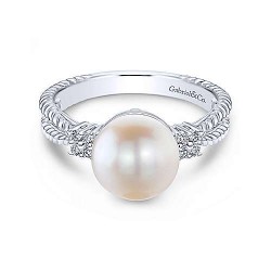  14K White Gold  Classic 14K White Gold Cultured Pearl and Diamond Ring with Twisted Rope Shank GabrielCo Surrey Vancouver Canada Langley Burnaby Richmond