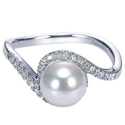  14K White Gold  Fashion 14k White Gold Cultured Pearl Diamond Bypass Ring GabrielCo Surrey Vancouver Canada Langley Burnaby Richmond