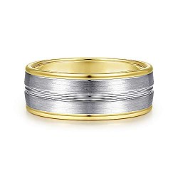 14K White-Yellow Gold 8mm - Satin Channel Mens Wedding Band Surrey Vancouver Canada Langley Burnaby Richmond