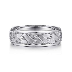 14K White Gold 7mm - Engraved Woven Mens Wedding Band Surrey Vancouver Canada Langley Burnaby Richmond