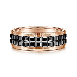 14K Rose Gold-Black Rhodium 7mm - Center Cubes and Beveled Edge Mens Wedding Band Surrey Vancouver Canada Langley Burnaby Richmond