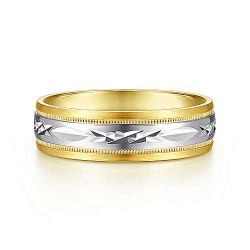 14K White-Yellow 6mm - Engraved Center and Millgrain Channel Mens Wedding Band Surrey Vancouver Canada Langley Burnaby Richmond