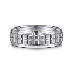 14K White Gold 7mm - Double Cube Cut Center Mens Wedding Band Surrey Vancouver Canada Langley Burnaby Richmond
