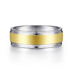 14K White-Yellow Gold 7mm - Satin Center Mens Wedding Band Surrey Vancouver Canada Langley Burnaby Richmond