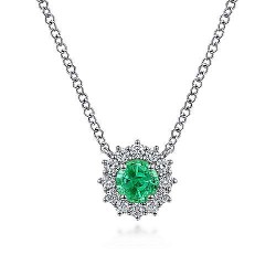  14K White Gold  Fashion 18" 14K White Gold Round Emerald and Diamond Halo Pendant Necklace GabrielCo Surrey Vancouver Canada Langley Burnaby Richmond