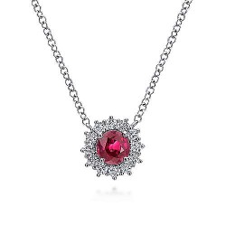  14K White Gold  Fashion 18" 14K White Gold Round Ruby and Diamond Halo Pendant Necklace GabrielCo Surrey Vancouver Canada Langley Burnaby Richmond