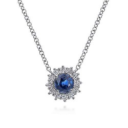 14K White Gold  Fashion 18" 14K White Gold Round Sapphire and Diamond Halo Pendant Necklace GabrielCo Surrey Vancouver Canada Langley Burnaby Richmond