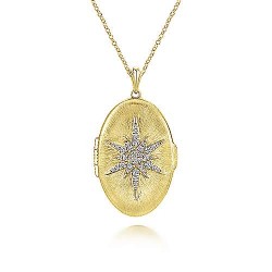 25" 14K Yellow Gold Oval Locket Necklace with Diamond Starburst Overlay Surrey Vancouver Canada Langley Burnaby Richmond