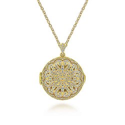 25" 14K Yellow Gold Round Filigree and Diamond Locket Necklace Surrey Vancouver Canada Langley Burnaby Richmond