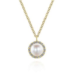  14K Yellow Gold  Fashion 14K Yellow Gold Cultured Pearl and Diamond Halo Pendant Necklace GabrielCo Surrey Vancouver Canada Langley Burnaby Richmond