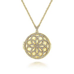25" 14K Yellow Gold Locket Necklace with Floral Diamond Overlay Surrey Vancouver Canada Langley Burnaby Richmond