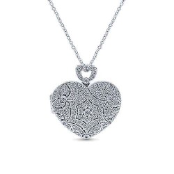 24" Vintage Inspired 14K White Gold Heart Shaped Filigree Diamond Locket Necklace Surrey Vancouver Canada Langley Burnaby Richmond