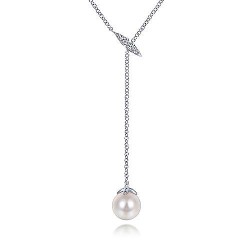  14K White Gold  Y knots 14K White Gold Diamond Bar Y Necklace with Cultured Pearl Drop GabrielCo Surrey Vancouver Canada Langley Burnaby Richmond