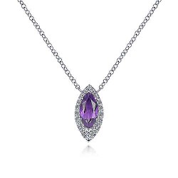  14K White Gold  Fashion 14K White Gold Amethyst Marquise and Diamond Halo Pendant Necklace GabrielCo Surrey Vancouver Canada Langley Burnaby Richmond