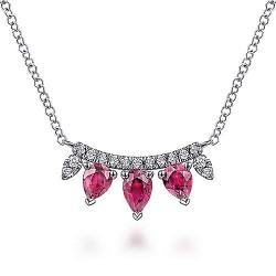  14K White Gold  Fashion 14K White Gold Pear Shaped Ruby and Diamond Bar Pendant Necklace GabrielCo Surrey Vancouver Canada Langley Burnaby Richmond