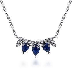  14K White Gold  Bar 14K White Gold Pear Shaped Sapphire and Diamond Bar Pendant Necklace GabrielCo Surrey Vancouver Canada Langley Burnaby Richmond