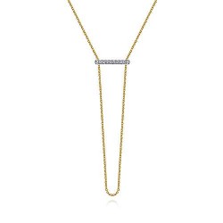  14K WhiteYellow Gold  Y knots 18" 14K Yellow-White Gold Diamond Bar Necklace with Chain Drop GabrielCo Surrey Vancouver Canada Langley Burnaby Richmond
