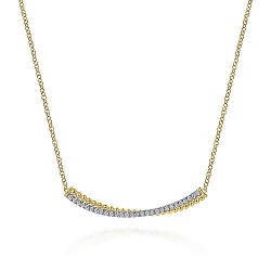  14K WhiteYellow Gold  Bar 14K Yellow-White Gold Bujukan Bead and Diamond Pave Curved Bar Necklace GabrielCo Surrey Vancouver Canada Langley Burnaby Richmond
