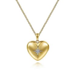  14K Yellow Gold  Locket 14K Yellow Gold Puff Heart Pendant Necklace with Diamond Star GabrielCo Surrey Vancouver Canada Langley Burnaby Richmond