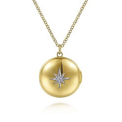  14K Yellow Gold  Locket 14K Yellow Gold Round Locket Necklace with Diamond Star Center GabrielCo Surrey Vancouver Canada Langley Burnaby Richmond
