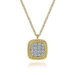  14K Yellow Gold  Fashion Square 14K Yellow Gold Pave Diamond Pendant Necklace with Twisted Rope Frame GabrielCo Surrey Vancouver Canada Langley Burnaby Richmond